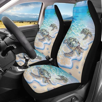 Dreaweet Beach Turtle Seat Covers for Cars 2 Piece Hawaiian Tropical Car Seat Cover Front Seats Only Universal High Back Bucket Seat Covers for Most Vehicle SUV Trucks - color: Beach Turtle