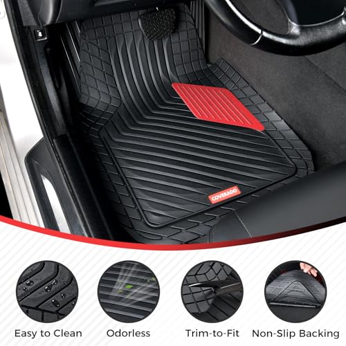 Coverado Heavy-Duty PVC Car Floor Mats Full Set – Red Metallic Heel Pad, All-Weather Protection for Front & Rear, Non-Slip Backing, Easy-to-Clean Liners, 4 Pcs - color: Red