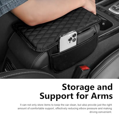 Car Arm Rest Cover, Thin Center Console Driver Elbow Support Cushion with Side Storage Pocket, Scratch-resistant Protective Pad, Interior Accessory for Most Cars Trucks Vans (Black)