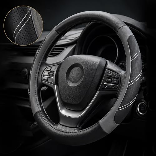 Elantrip Leather Large Steering Wheel Cover 14 1/2 inch to 15 inch Universal, Soft Grip Breathable for Car Truck SUV Jeep Anti Slip Gray - color: Gray, size: 14 1/2 - 15 Inch