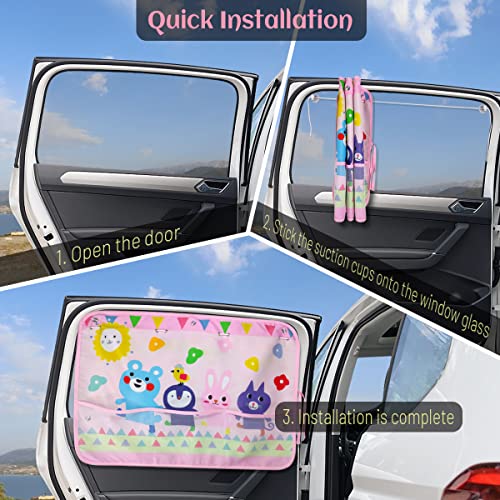 Car Sun Shade for Window Baby (2 Pack), Blackout Window Shades with Storage Net Pocket, 7 Suction Cups, Cute Patterns for Sun/Heat/UV Rays Block - color: Pink-Animals 2PC