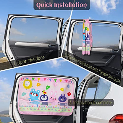 Car Sun Shade for Window Baby (2 Pack), Blackout Window Shades with Storage Net Pocket, 7 Suction Cups, Cute Patterns for Sun/Heat/UV Rays Block - color: Pink-Animals 2PC