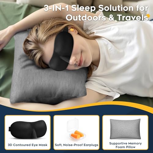 CushyOasis All-in-1 Camping Pillow Set - Shredded Memory Foam Neck Pillow Travel Pillow with Eye Mask, Earplugs, Washable Cover, Compact for Backpacking, Camping, Flights, Car Travel (Small Size) - size: Small