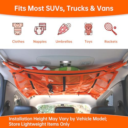 Extra Large Car Ceiling Cargo Net 39.3" x 23.6" for SUV,Truck & Van,Double Layer Roof Storage Organizer with Adhesive Straps,Overhead Mesh Holder for 4 Handle Vehicles,Camping Travel,Orange - size: 39.3" X 23.6"