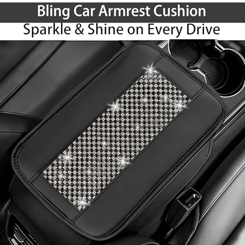 NBTEPEM Bling Car Armrest Cover, Universal Microfiber Leather Center Console Cover with 2 Pockets, Rhinestone Car Armrest Cushion Protector, Bling Accessories Interior (Black Diamond) - color: Black Diamond