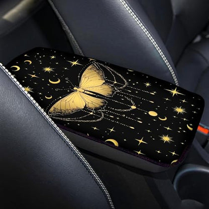 Gold Butterfly Moon Stars Car Center Console Cover,Car Armrest Cover Cushion,Universal Car Armrest Storage Box Car Interior Accessories - color: Gold Butterfly Moon Stars