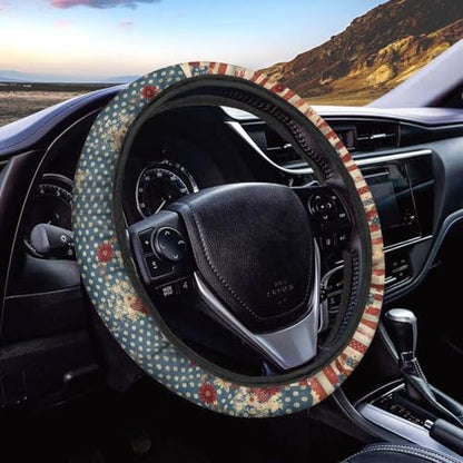 AFPANQZ American Flag Daisy Car Steering Wheel Cover Stretch-on Comfortable Grip Automotive Steering Wheel Cushion Anti-Slip Universal 14-15 inch Machine Washable - color: American Flag Daisy