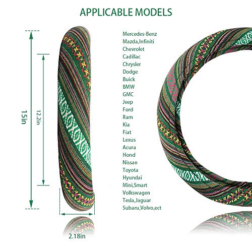Universal 15inch Ethnic Style Baja Blanket Steering Wheel Cover with Coarse Flax Cloth and Sweat Absorption Anti Slip Car Wrap (Boho Green) - style: Boho Green