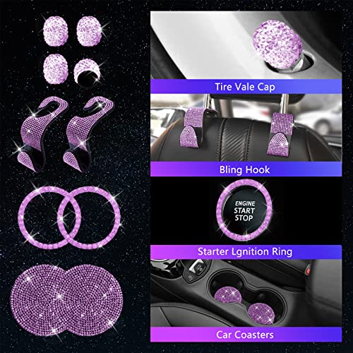 25PCS Bling Car Car Accessories Set,15 Inch Steering Wheel Cover,Shiny License Plate Frame,Center Console Cover and Rearview Mirror Set and Other Car Accessories(Purple) - color: Purple