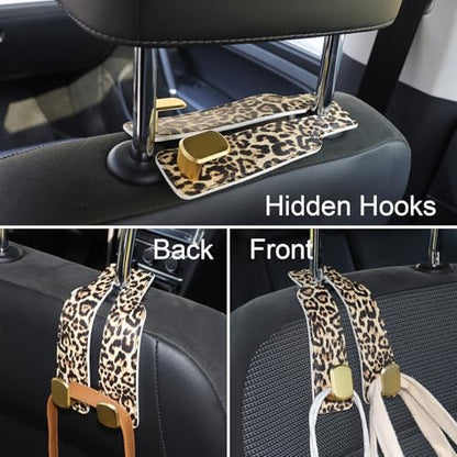 Purse and Bag Hook for Car, Zinc Alloy Seat Headrest Hooks, Upgraded Leather Car Seat Back Purses Hanger and Bags Holder (Leopard, 2Pack) - color: Leopard
