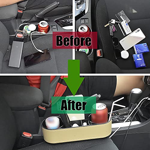 Car Cup Holder, Auto Front Seat Organizer, Multifunctional Cup Drink Holders with PU Leather Cover, Gap Filler Storage Box Coin Bucket Console Side Pocket Cell Mobile Phone Holder(Slim-Beige)