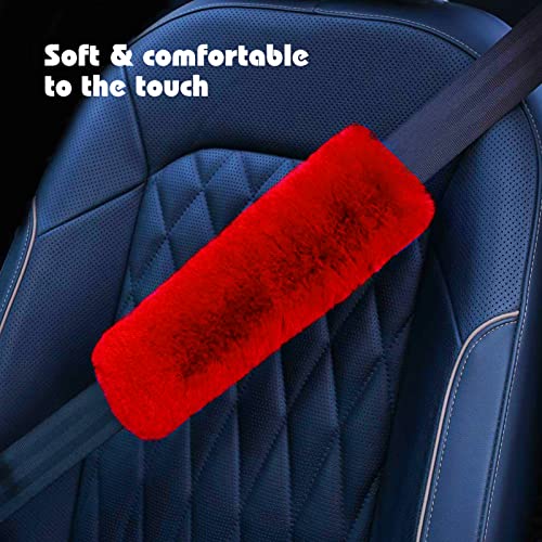 Cute Fluffy Steering Wheel Cover Set for Women, YUNXNYC 1 Set 8 Pieces Fluffy Car Accessories Set Soft Fuzz Handbrake Cover Gear Shift Cover Fur Seat Belt Shoulder Pads Furry Ball Key Chain (Red) - color: Red
