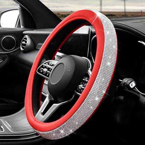 Diamond Leather Steering Wheel Cover, 15 Inch Bling Crystal Rhinestone Anti-Slip Wheel Protector, Universal Sparkling Elegant Diamond Steering Wheels Cover for Women Girl (White&Red) - color: White&Red