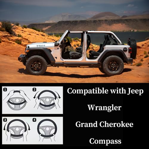 Leather Steering Wheel Cover for Jeep Wrangler Grand Cherokee Compass, 14.5-15 inches Car Steering Wheel Cover with Non-Slip Breathable (Red) - color: Red