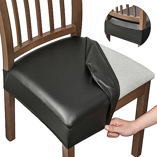 NILUOH Waterproof Seat Covers for Dining Room Chairs Set of 2, Pu Leather Chair Seat Slipcovers Dining Chair Cover Removable Washable Chair Protctor Cover, Rear Covers (PU-Black) - color: Pu-black, size: 2 Pcs-Regular
