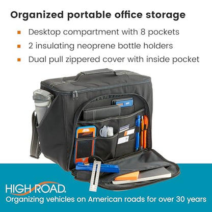 High Road Car Office Organizer - Front Seat Organizer with Desk Supplies Compartment, Laptop Sleeve, 2 Bottle Holders, Storage Cover and Padded Shoulder Strap for Cars, Trucks and Patrol Vehicles