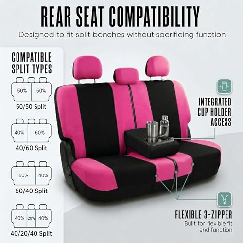 FH Group Full Set Cloth Car Seat Covers, Universal Fit combo, Low Back Front Seat Covers, Airbag Compatible, Split Bench Rear Seat, Washable Seat Cover for SUV, Sedan, Van, Pink - color: Pink