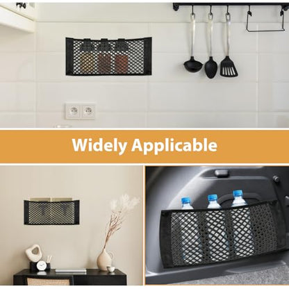 2 Pcs Universal Mesh Storage Pocket Bag, 9.8" x 23.6" Elastic Cargo Net Organizer with Hook & Loop Tape for Car SUV RV Camper and Home, High Capacity Wall Sticker Pouch for Trunk and Travel Storage