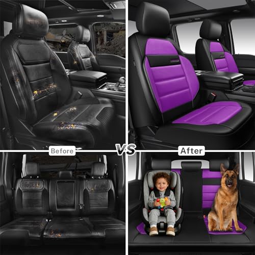 CAR PASS Memory Foam Seat Covers Full Sets, Airy Cool Mesh Thick Car Seat Covers Women, Leather Car Seat Covers 5 Seats Airbag Compatible, Universal Automotive Comfort for Cars, Trucks, SUV, Purple - color: purple