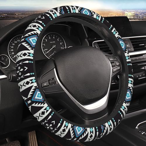 Ethnic Aztec Geometric Tribal Native Car Steering Wheel Cover Universal 15 Inch Stretch Cloth Non-Slip Wrap Protector Case Fit Auto Accessories Decor Sweat Absorption for Men Women - color: Ethnic Aztec Geometric Tribal Native