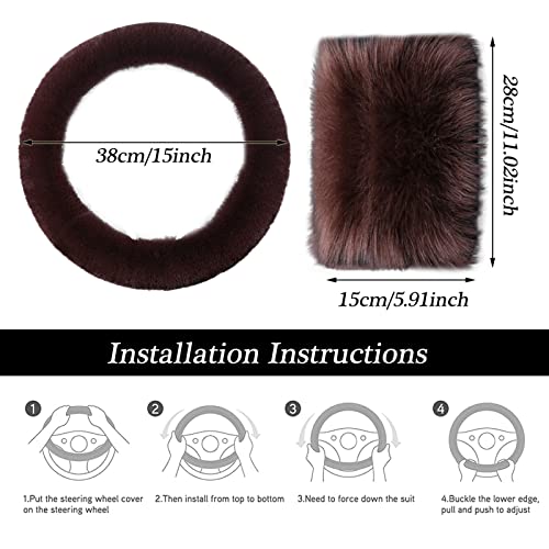 WenMei 1 Set 4 Pcs Fluffy Steering Wheel Cover&Handbrake Cover&Gear Shift Cover&Fluffy Auto Center Console Cover Faux Wool Steering Wheel Covers for Women Universal Car Interior Accessories (Brown) - color: Brown