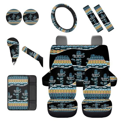 Dreaweet Car Seat Covers Full Set with Steering Wheel Cover Armrest Pad Covers Seat Belt Pads Cup Holders Handbrake Cover Set of 12 Aztec Cactus Car Accessories Interior Universal for SUV Trucks Sedan - color: Aztec Cactus