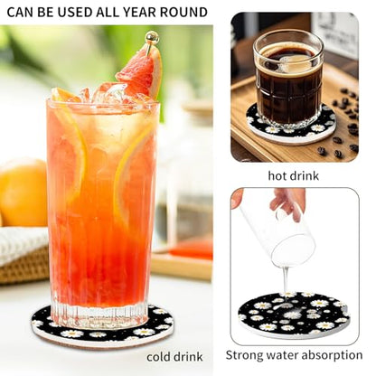 2 Pack Universal Ceramic Car Coasters，Ceramic Stone with A Finger Notch for Easy Removal of Car Cup Holder Coaster(Daisy Black) - color: Daisy Black