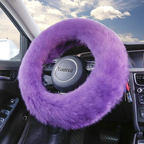 Yontree Fashion Fluffy Steering Wheel Covers for Women/Girls/Ladies Australia Pure Wool 15 Inch1 Set 3 Pcs (Purple) - color: Purple, size: Long Wool