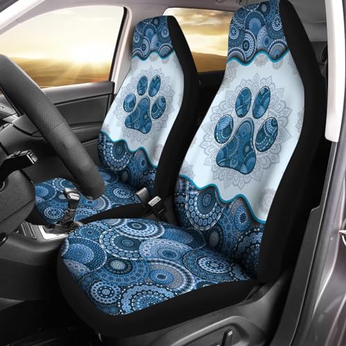 Howilath Blue Boho Mandala Dog Paw Printed Car Front Seat Covers Set of 2, Non Slip Auto Seat Covers Accessories Strength Seats Cushion Universal Fit All Vehicle Cars - color: Blue Boho Mandala Dog Paw