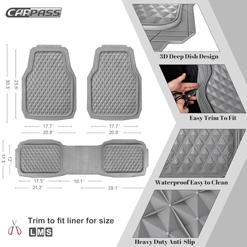 CAR PASS Heavy Duty Rubber Car Mats, Gray Deep Dish All-Weather Car Floor Mat Full Set Durable Anti-Slip 3D Rhombus Waterproof Trim Fit Liner Universal Fit Automotive,Sedan,SUV,Truck, 3 Pcs Light Gray - color: light gray
