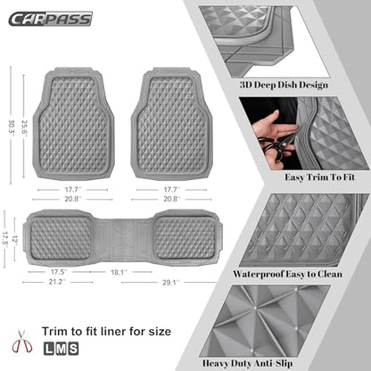 CAR PASS Heavy Duty Rubber Car Mats, Gray Deep Dish All-Weather Car Floor Mat Full Set Durable Anti-Slip 3D Rhombus Waterproof Trim Fit Liner Universal Fit Automotive,Sedan,SUV,Truck, 3 Pcs Light Gray - color: light gray