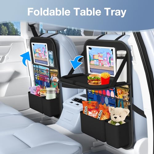 Car Backseat Organizer with Table Tray(2-Pack) 9 Storage Pockets Backseat Car Organizer and storage with Tablet Holder, Kick Mats Back Seat Cover for Kids family Road Trip Essentials Travel - style: 2 Pack with Food Tray-Black