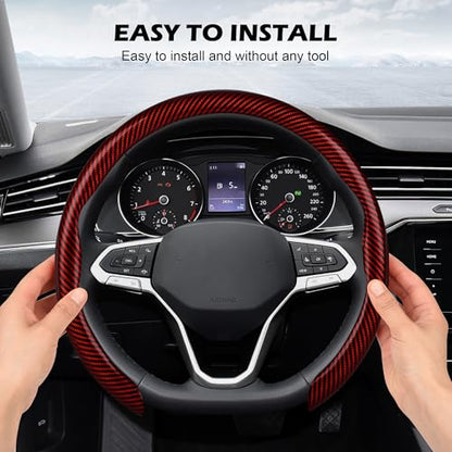 Leather Steering Wheel Cover,Universal Fit 15 Inch-Premium Non-Slip Breathable Comfort Grip for Cars Trucks SUVs,Anti-Slip Durable Interior Upgrade Carbon Fiber Pattern (Red) - color: Red carbon fiber texture