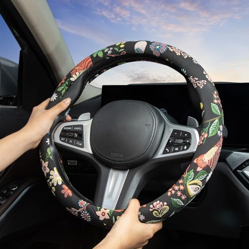 Black Cat Flower Steering Wheel Cover Auto Jacquard Steering Wheel Protector, Anti-Slip, Breathable, Absorbing Sweat, Universal Cat Car Accessories 14.5–15 inch,Fit for Most Car, Trucks, SUV - style: Black Cat Flower JQ