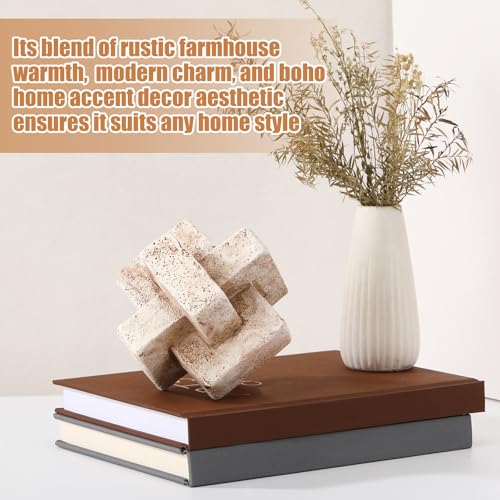Yalikop 3 Link Knot Decor 5 Inch Dia Hand Carved Decorative Knot Natural Brown Resin Chain Link Decor, Modern Shelf Entryway Objects for Home Living Room Farmhouse Bedroom