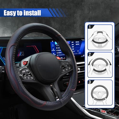 Car Steering Wheel Cover, 15 Inch Leather Anti-Slip Breathable Automotive Steering Wheel Protector, Universal Heat Resistant Vehicle Interior Accessories Cars, SUVs, Trucks(Black&Red) - color: Black&Red