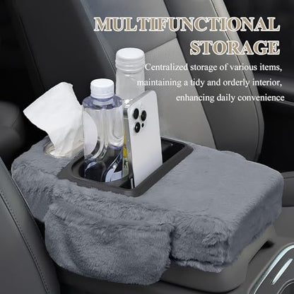 wuyaoyao Car Center Console Armrest Pillow, 13.78"×7.87"×2.76" Soft Plush Arm Rest Cover for Cars, 5-in-1 Warm Fluffy Auto Armrest Cushion Pad w/Pocket, Tissue Box, Cup Holder (Gray) - color: Gray