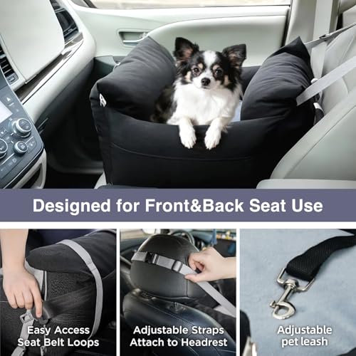 Pet Car Booster Seat for Small Dogs up to 25 lbs with Safety Straps, Storage Pockets, Travel Carrier Bed with Detachable Cover, Machine Washable (Black) - color: Black
