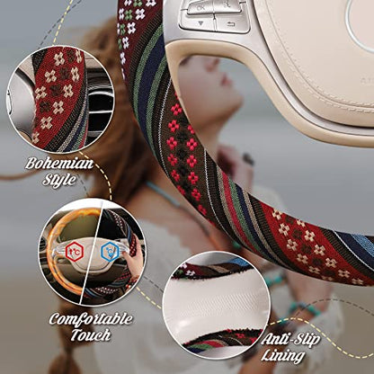 SEG Direct Boho Steering Wheel Cover with Baja Blanket Cloth, Ethnic Style Auto Wheel Cover Made of Coarse Flax, Fits 14 1/2-15 1/4 inches Car Wheel - color: Spring Flowers