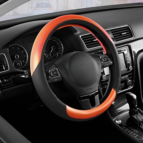 Road Comforts Steering Wheel Cover – Breathable Leather Steering Wheel Cover, Anti-Slip Grip, Universal Fit 14.5” to 15”, Heat & Cold Resistant for Cars, SUVs, and Trucks – Black & Shining Orange - color: Black&Orange