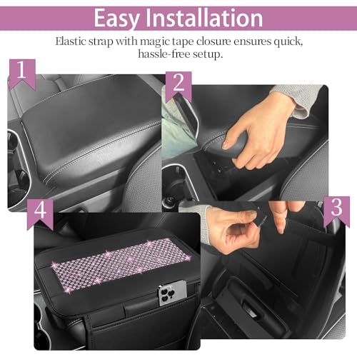 NBTEPEM Bling Car Armrest Cover, Universal Microfiber Leather Center Console Cover with 2 Pockets, Rhinestone Car Armrest Cushion Protector, Bling Accessories Interior (Purple Diamond) - color: Purple Diamond
