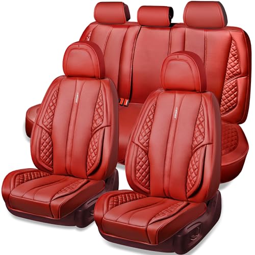 CAR PASS Nappa PU Leather Car Seat Covers Full Set Waterproof Protector Durable Cushioned,Universal Fit for Sedan SUV Pick-up Truck,Anti-Slip Luxury Premium Deluxe(Red) - color: red, size: Full Set