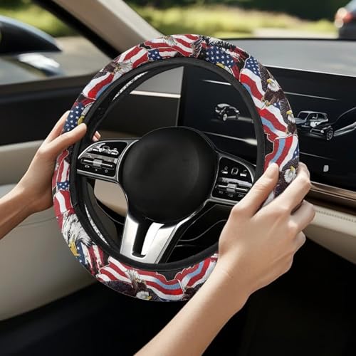 AFPANQZ Car Steering Wheel Cover Sweat Absorption Safe Driving, American Eagle Print Anti-Slip Steering Wheel Protector No Smell Fashion Machine Washable Universal - color: American Eagle Print