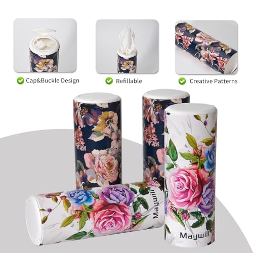 Facial Tissue Cylinder Holder with Cap, Travel Tissue Tubes Box Container, Suitable for Car Cup Holder (4 Pack, 200 Sheets) - style: Roses