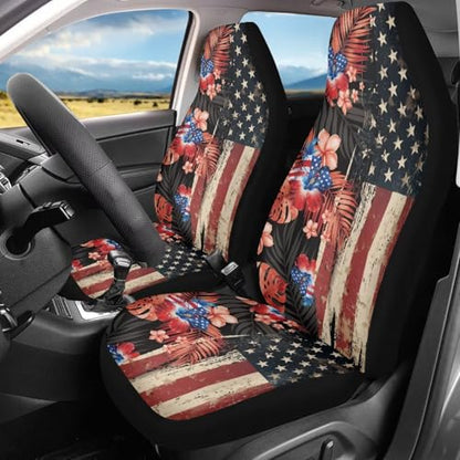 2 Piece Car Seat Covers Easy to Install American Flag Hibiscus Front Seats Elastic Polyester Cover Anti-Slip Auto Interior Accessories Universal Fit for Most Vehicles - color: American Flag Hibiscus