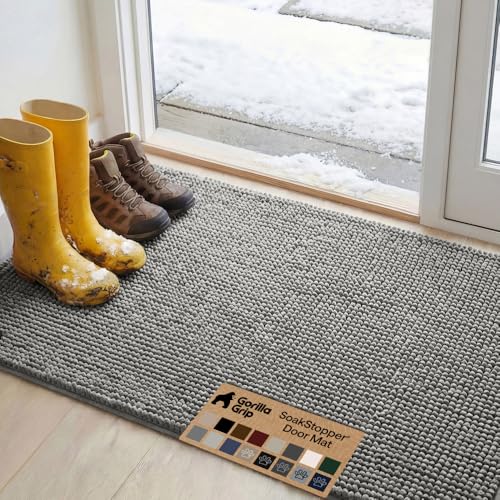GORILLA GRIP SoakSTOPPER Dog Door Mat, 48x30 Machine Washable Rug Absorbent Doormat Captures Moisture Mud Dirt, Quick Dry Soft Chenille Entryway Rugs Indoor Entrance Mats for Dog Paws, Grey - color: Grey, size: 48" X 30"