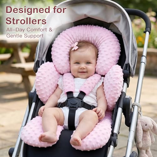 Pro Goleem Infant Car Seat Head Neck Body Support, Ultra-Soft Minky and Microfiber Car Seat Strap Pads, Perfect for Stroller, 2-in-1 Reversible, Girls, Pink - color: Pink-p