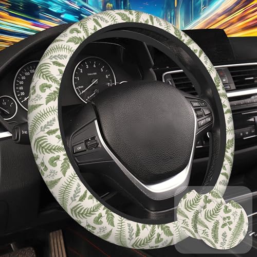 Leaves and Herbs Steering Wheel Cover with 2 Pcs Car Coasters Neoprene Steering Wheel Cover for Women Men Anti-Slip Breathable Car Accessories Universal 15 Inch Fit Auto Cars Trucks - color: Leaves and Herbs