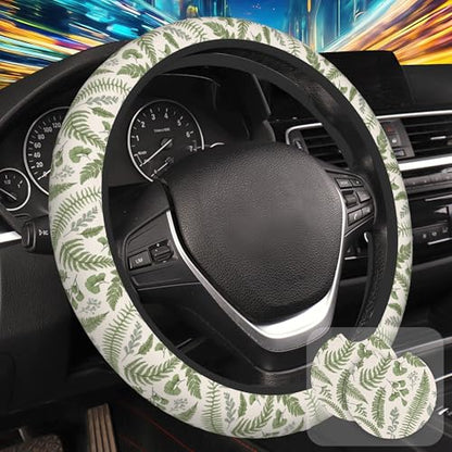 Leaves and Herbs Steering Wheel Cover with 2 Pcs Car Coasters Neoprene Steering Wheel Cover for Women Men Anti-Slip Breathable Car Accessories Universal 15 Inch Fit Auto Cars Trucks - color: Leaves and Herbs