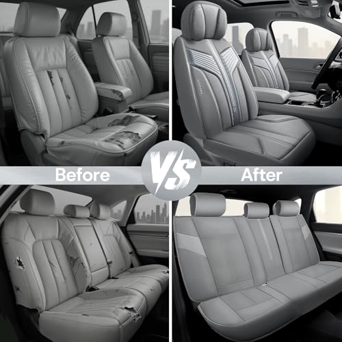 CAR PASS Nappa Leather Seat Covers, Breathable Waterproof Car Seat Covers Full Set, Luxury Leather Front and Back Seats Full Coverage, Universal Fit SUV Pick-up Truck Sedan Automotive(Gray) - color: Gray, size: Full Set Full Coverage
